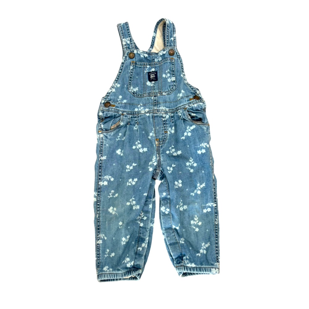 Vtg OSHKOSH Daisy Floral B'GOSH‎ 24M Girl Bubble OVERALL Bib Denim Blue